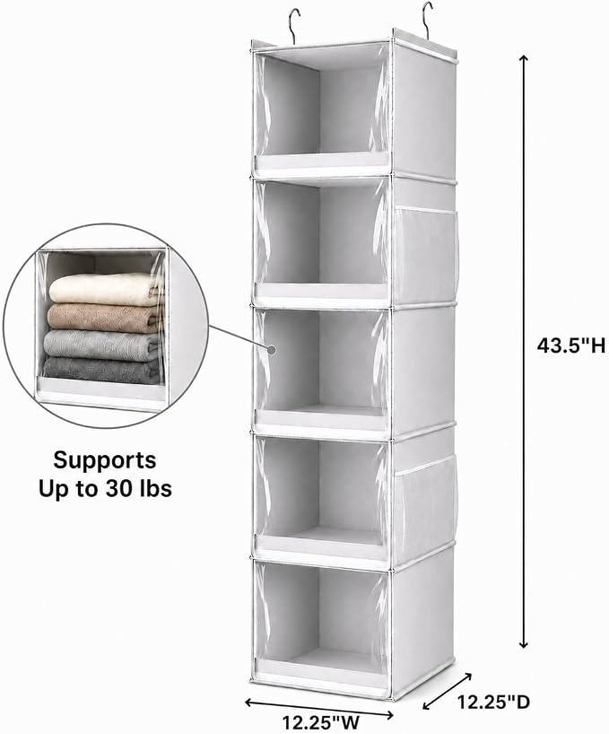 Vailando Hanging Closet Organizer – 5 Shelf Closet Hanging Storage Shelves with Clear Dust-Proof Covers for Clothes, Shoes, Purses, Gray