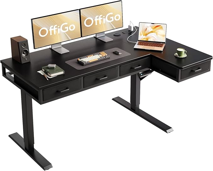 OffiGo 55 Inch L Shaped Electric Standing Desk with 4 Drawers, Black | Reversible Corner Table, Office Desk With 4 Drawers and Outlets For Home Office, Computer Workstation And Sit Stand Use