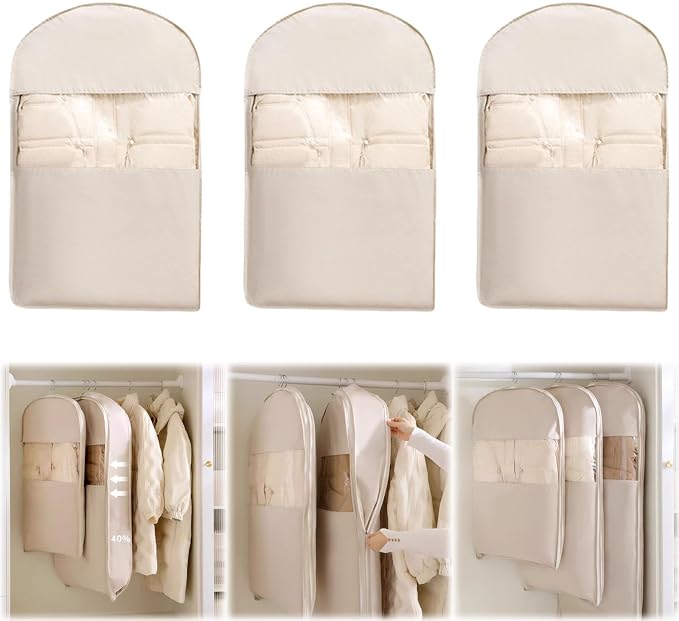 3PCS Space Saving Hanging Garment Bag with Self Compression Zipper, Compression Space Saver Closet Storage Organizers, Dust Cover Clothes Bags for Down Coat (Beige,Medium)