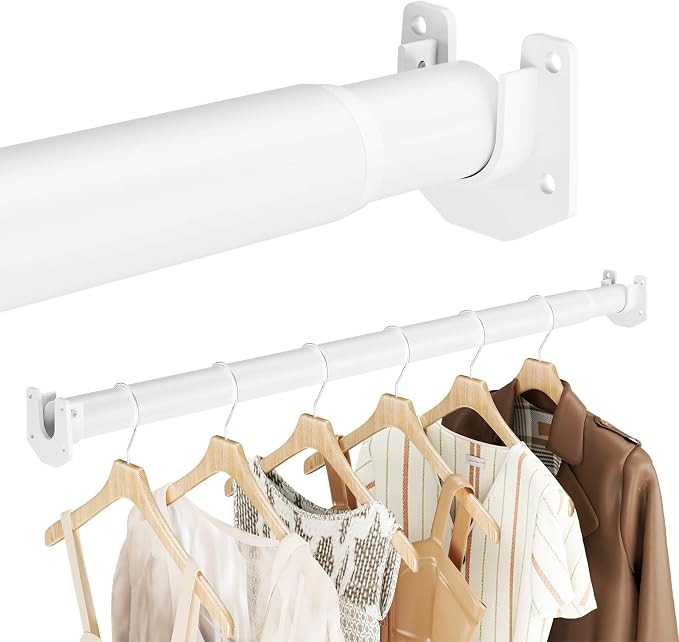 Closet Rods for Hanging Clothes, 17-42 Inch Stepless Adjustable Closet Rod, 1.3 Inch Heavy Duty Metal Clothes Hanging Rod, Expandable Closet Bar Hanger Rod for Closet Wardrobes Laundry RV White