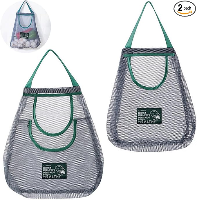 2 Pack Hanging Mesh Storage Bags (Single + Dual Pocket) Reusable Hanging Mesh Storage Produce Bags for Kitchen Storage Fruits, Onion, Garlic & Vegetables, Breathable Shopping Handbag