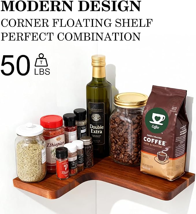 Floating Corner Shelves, Wall Shelf Set of 2, Shelves for Wall Storage, Solid Wood Shelves for Storage, Wall Mount Wooden Display Shelf for Bathroom Bedroom Kitchen Garage (Acacia 2pcs)