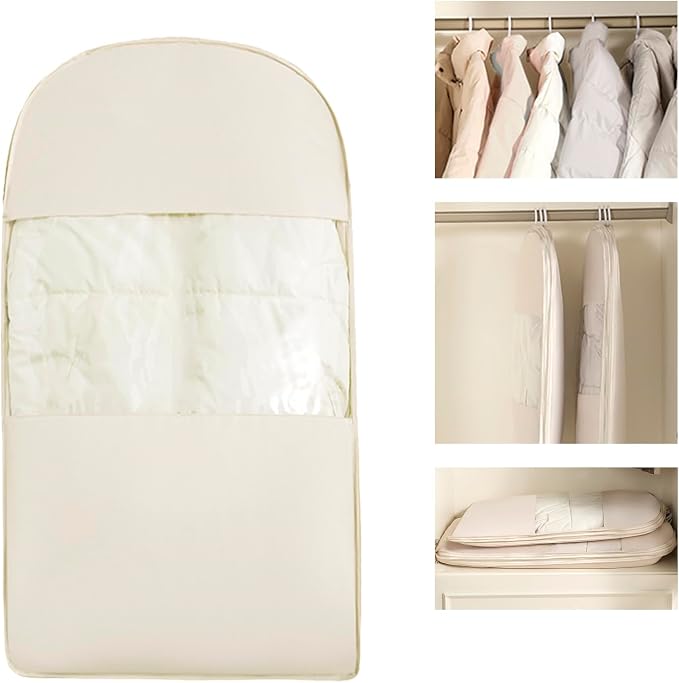 Space Saving Hanging Garment Bag with Compression Zipper. | For Closet Storage, Garment Bag for Coats and Down Jackets.(Beige,S)