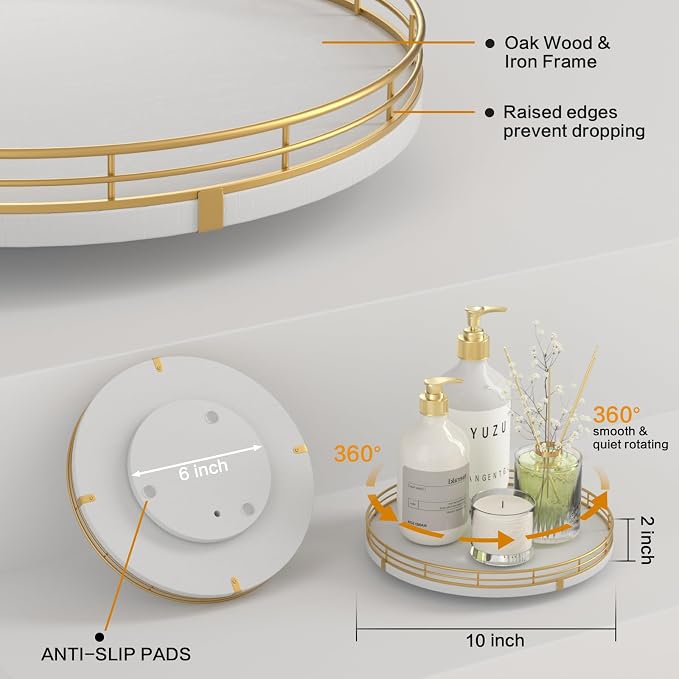 10" Wooden Lazy Susan Turntable for Cabinet – Rotating Spice Rack Organizer, Small Kitchen Countertop Tray for Dining Table & Pantry Storage (White & Gold)