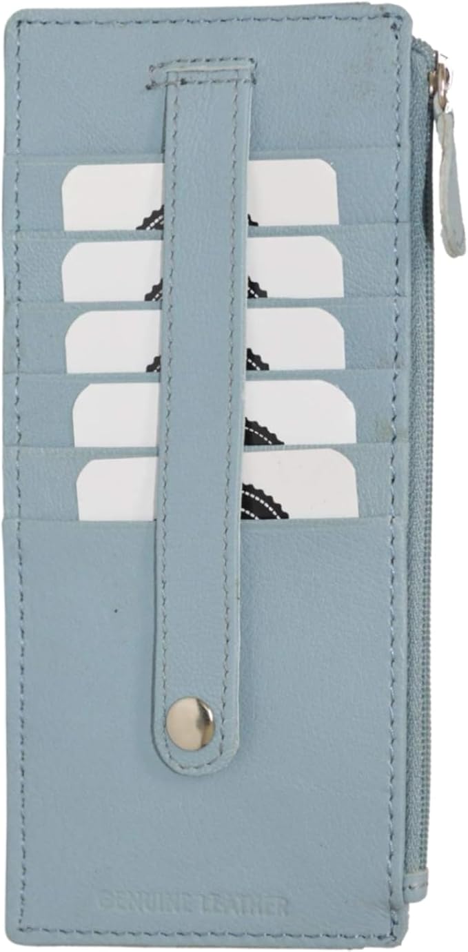 Leatherboss Genuine Leather Women's All in One Credit Business Card Case Holder Slim Zipper Wallet With a Card Protection Strap, Light Blue