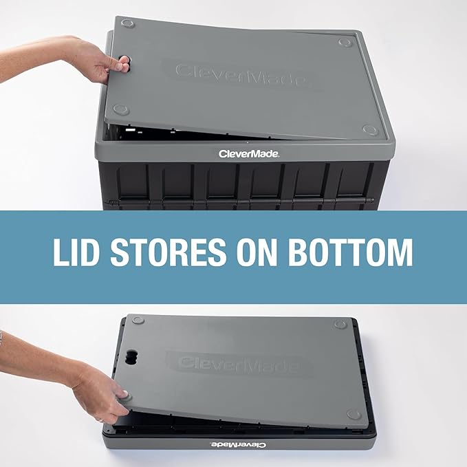 CleverMade Collapsible Storage Bins with Lids (46L, 3 Pack) – Stackable Foldable Plastic Storage Crates for Home, Closet & Trunk Organization - Obsidian