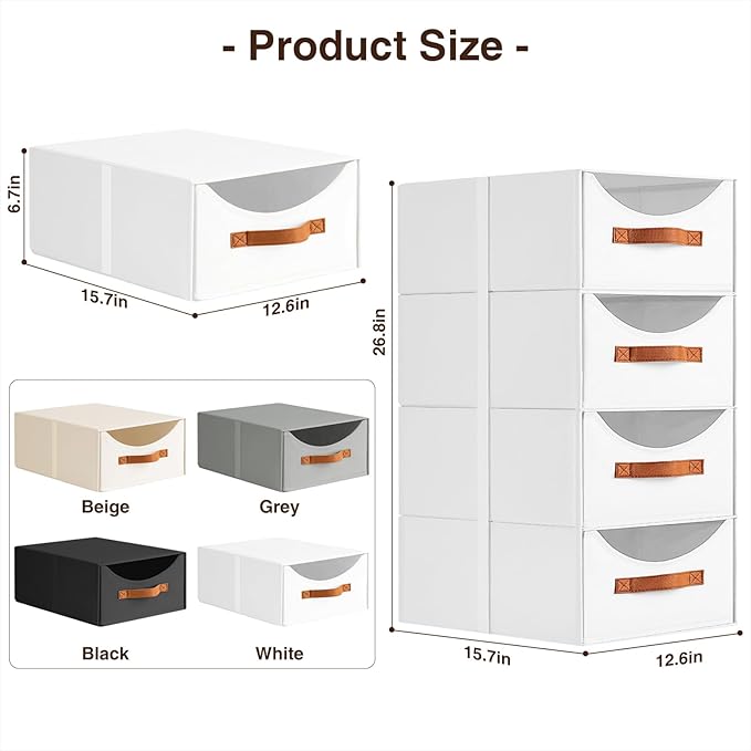 Homsorout Closet Organizers and Storage - Large Stackable Storage Bins with Drawer, Fabric Bins for Organization, Collapsible Storage Drawers Organizer for Bedroom, Living Room, 4 Pack, White