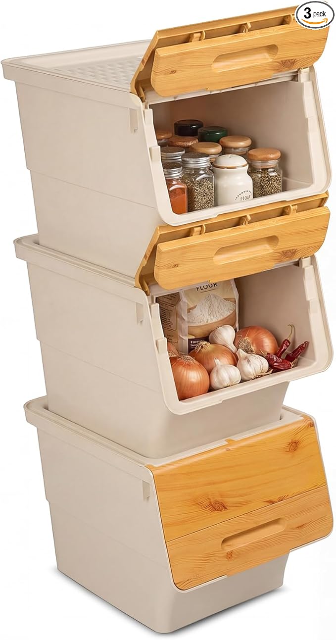 Giantex Plastic Stackable Storage Bins with Lids & Wheels, 3 Pack Open Front Stacking Bins, Organizer Bins for Pantry, Kitchen, Laundry, Closet, Playroom, Bedroom Organization (12.5 QT)