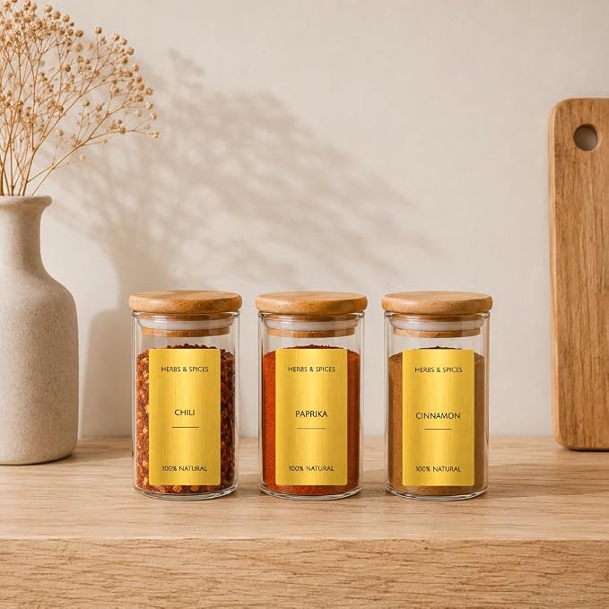 Spice Labels - 168 Aesthetic Gold Spice Labels for Jars - Waterproof Stickers for Spice containers - Preprinted Minmalist Oilproof Herbs & Seasoning Labels