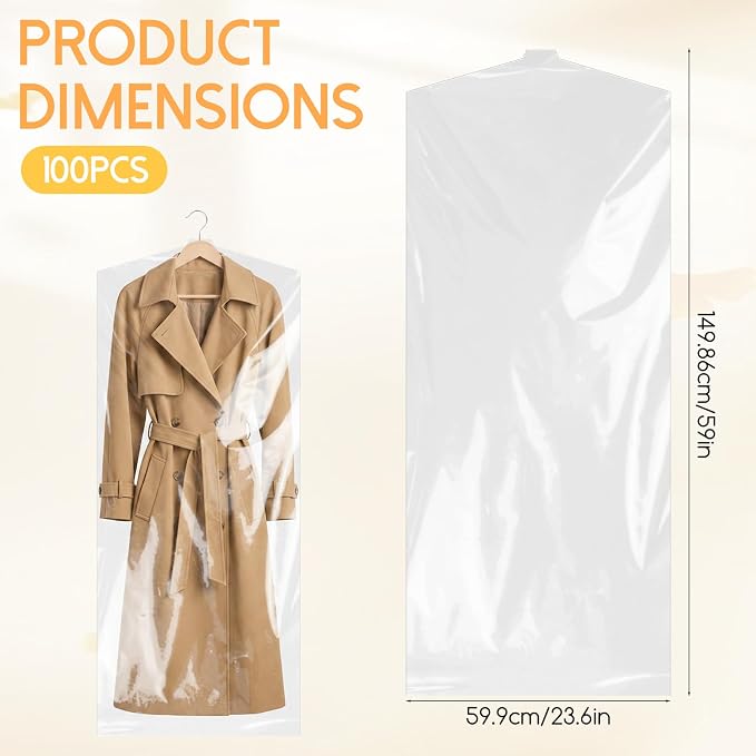 100 Pcs 60 Inch Clear Plastic Hanging Garment Bags | Dry Cleaner Laundry Bags Dust-Proof Hanging Clothes Storage for Long Dresses Skirt Coat Suit Shirt Jacket