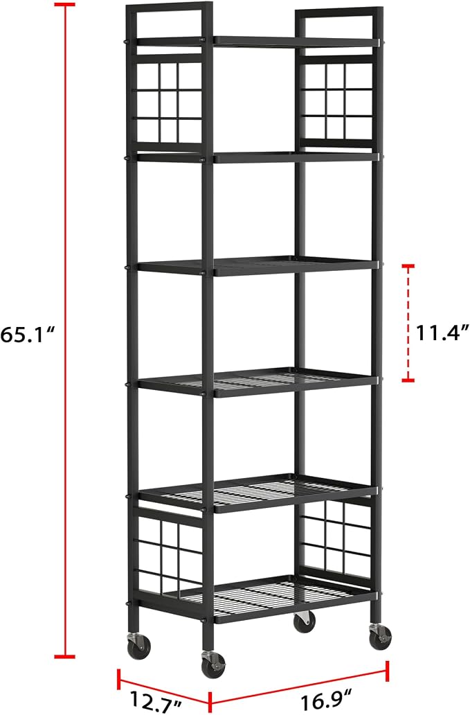 GIOTORENT 6-Wire Standing Storage Shelf with Wheels, Mobile Metal Shelving Unit for Bathroom Organizers & Laundry Room, Kitchen Pantry Rack, Heavy Duty Utility Shelf, Black