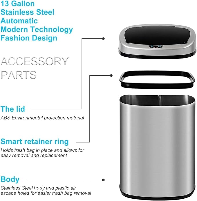 Bigacc Kitchen Trash Can | Stainless Steel 13 Gallon Trash Can | 50L Touch Free Garbage Can with Lid | Electronic Sensor High Capacity Trash Bin for Bathroom Kitchen Office, Silver