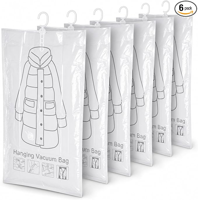 6 Pack Hanging Vacuum Storage Bags, Hanging Vacuum Sealer Storage Space Saver Bags for Clothing, Reusable Compressed for Suits, Dress, Jackets, 43.3 x 27.6 inch