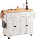 VEVOR Kitchen Island Cart with Solid Wood Top, 35.4" Width Mobile Carts with Storage Cabinet, Rolling Kitchen Table with Spice Rack, Towel Rack, and Drawer, Portable Islands on Wheels, White | Rolling Kitchen Table with Storage Cabinet, Spice Rack, Tow...