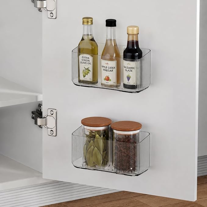 MaraFansie 4 Pack Over Cabinet Organizer Storage Lid Organizer Caddy Space Saver No Drilling Adhesive Hook Over Door Organizer, Transparent