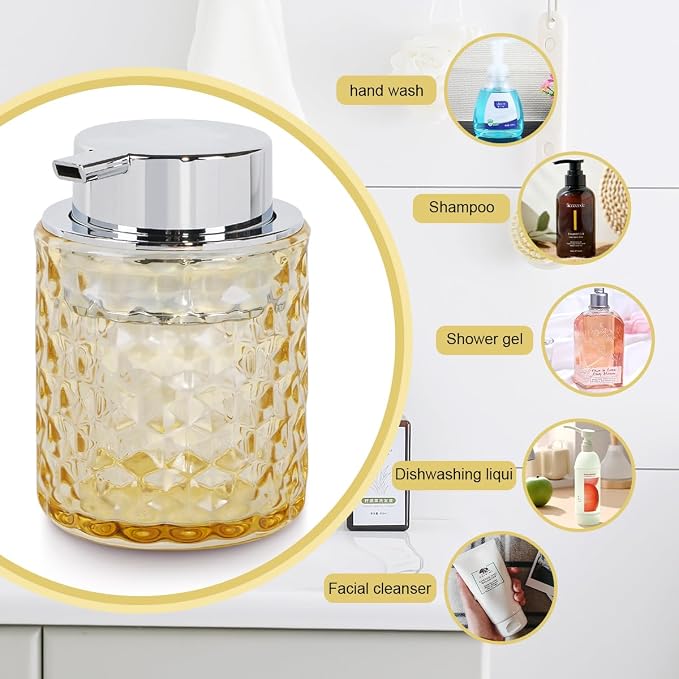 10 Oz Glass Hand Soap Dispenser with Pump, Refillable Bathroom Gold Foaming Soap Dispenser, Vintage Glass Diamond Lotion Container Bottle for Bathroom and Kitchen (1, Amber and Silver)