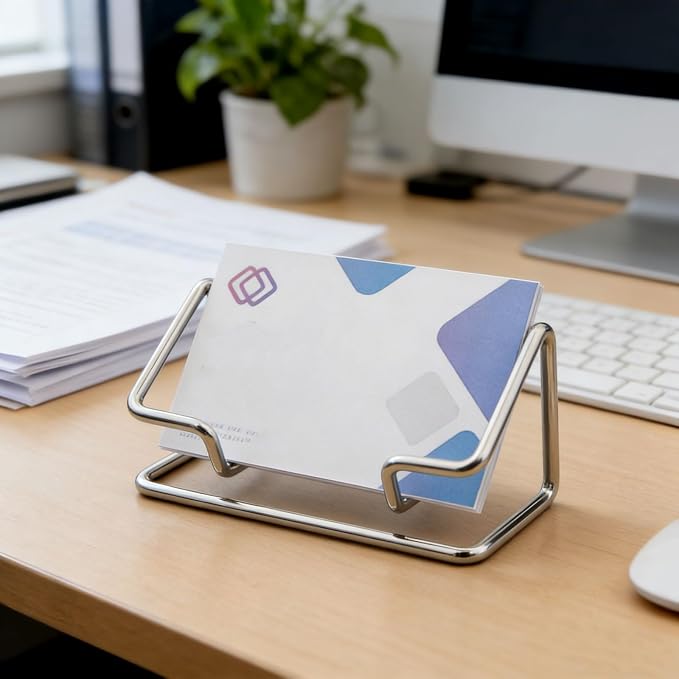 2 Pack Minimalist Metal Business Card Holder, Simple Wire Frame Desktop Organizer for Name Cards, Place Cards and QR Codes, Affordable Elegant Display for Office, Wedding and Home Decor(Silver)