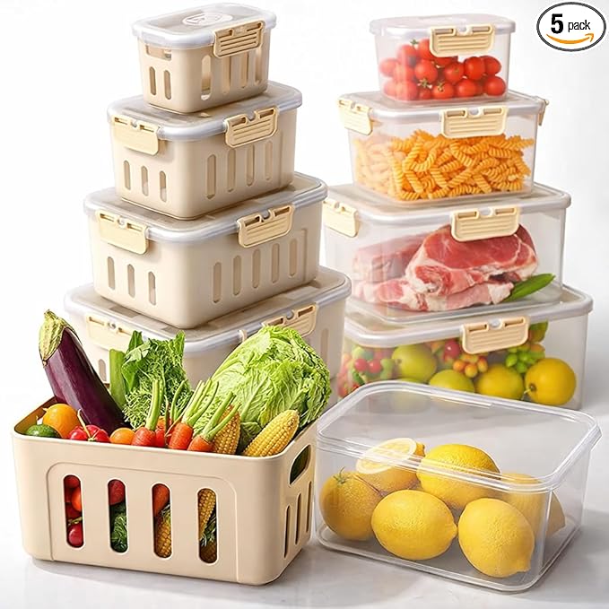 Fruit Containers for Fridge Keep Fresh, 5-Pack Food Storage Containers with Lids, Meal Prep Containers, Fridge Storage with Removable Colander, Microwave & Dishwasher Safe (Cream)