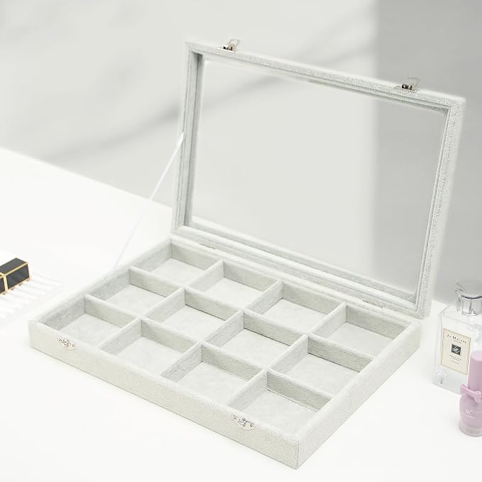Coward Jewelry Organizer Tray Box, Grey Beige Velvet 12 Grids Bracelet Bangle Necklace Jewelry Display Tray Case with Transparent Glass Lid for Home Desk Drawer or Store Selling Show