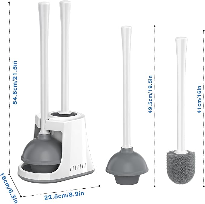 LOVLOY Toilet Plunger and Brush, Bowl Brush and Heavy Duty Toilet Plunger Set with Ventilated Holder, 2-in-1 Toilet Brush and Plunger Combo for Bathroom Cleaning (2 Pack, White)