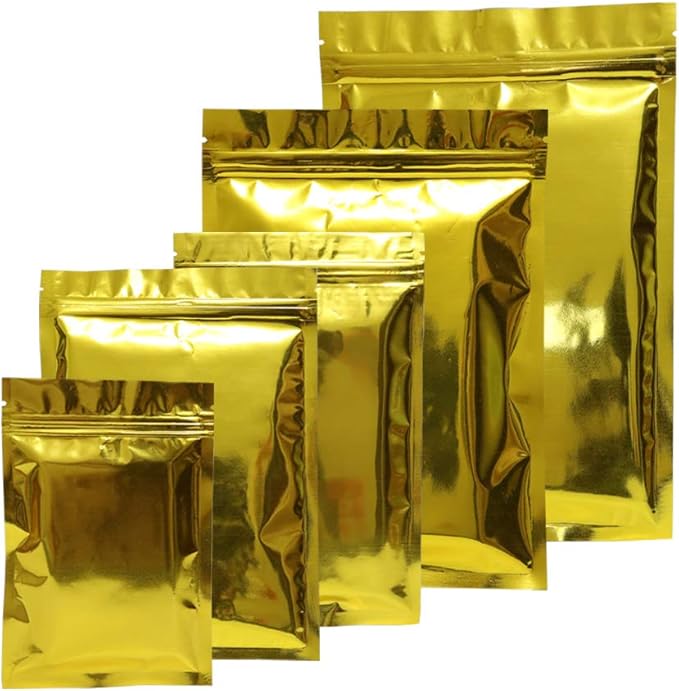 100PCS Customized Resealable Mylar Bag Foil Flat Packaging Bag with Tear Notch,Single-Color Printing for LOGO,QR Code,Text (Gold, 12 * 20CM/4.7"*7.9-100PCS-One Color Print)