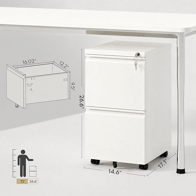 DEVAISE 2 Drawer Mobile File Cabinet with Lock, Commercial Vertical Metal Filing Cabinet for Home Office, Fully Assembled Except Casters, White