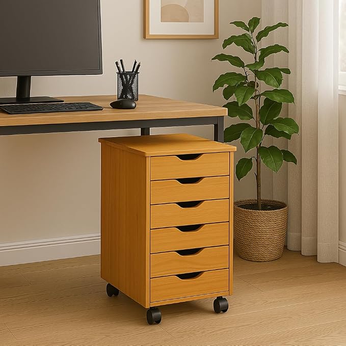 Jela-USA Solid Pine Wood 6 Drawer Rolling Cart, Honey Pine