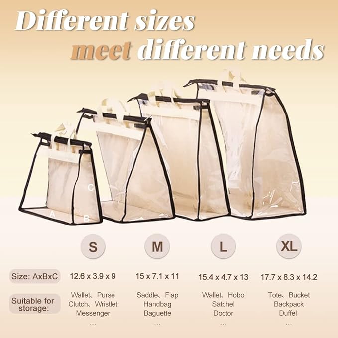 fazhongfa 5 PCS Hanging Handbag Storage Organizer Non-Woven Transparent Dust-proof Homewares Purse Wallet Closet Storage Bag with Zipper and Handle (XL)