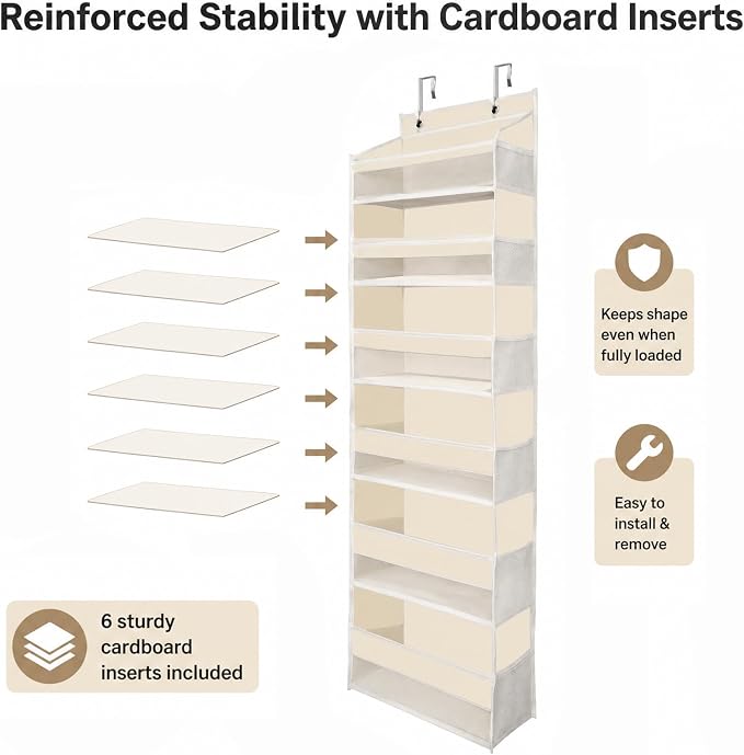 Over The Door Storage Organizer - Hanging Storage Organizer for Pantry Bedroom of Door Organizer 6 Large Pockets 12 Side mesh Pockets and 6 Bottom Panels Beige