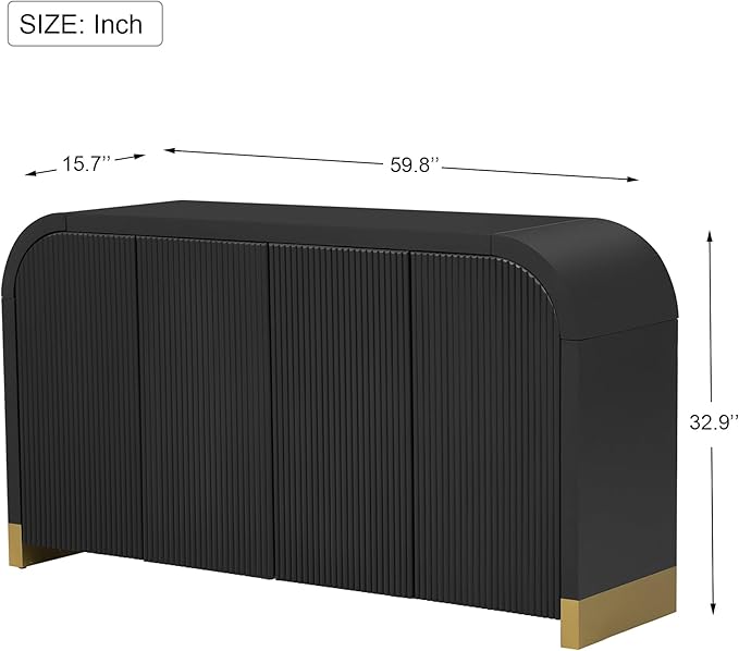 Amposei Modern Curved Sideboard Cabinet 59.8-Inch Entryway Console Table Accent Storage Cabinet with Doors & Adjustable Shelves for Living Room Hallway, Black