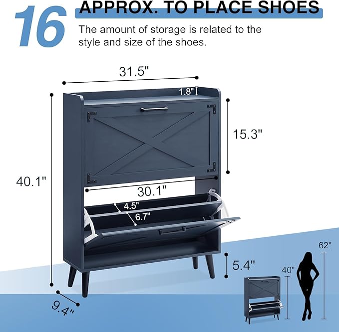 Barnyatoh Shoe Storage Cabinet,Farmhouse Shoe Organizer with 2 Flip Drawers & Barn Door Design,Freestanding Hidden Slim Narrow Shoe Rack Cabinet for Entryway,Foyer,Hallway,Navy Blue