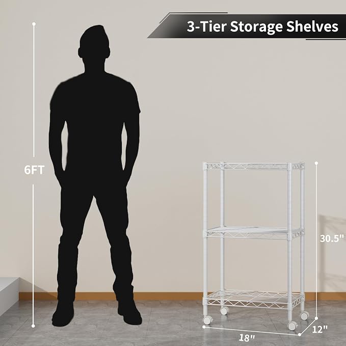 Golpart Small Shelves Storage Wire Metal Adjustable Shelf Unit with Wheels | 3 tier Shelving Organizers Storage Shelving for Bathroom Laundry Room Kitchen Pantry 11.7”D x 17.7”W x 30.7”H White
