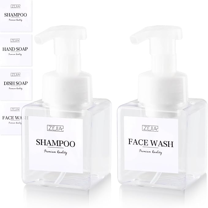 250ML Foaming Soap Dispenser, 2-Pack Plastic Hand Soap Dispenser, Refillable Leakproof Foam Pump Bottle with Waterproof Labels, for Shampoo, Body Wash