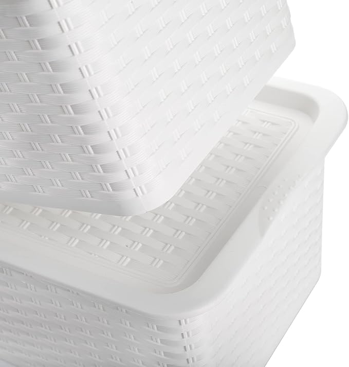 Dicunoy 4 Pack Lidded Storage Bins with Lids, White Stackable Storage Baskets for Shelf, Plastic Pantry Organizer with Handle for Home, RV, Lockers, Classrooms, School, Toys, 11" x 7" x 5"