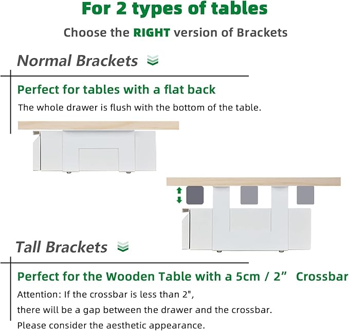 Under Desk Drawer 18", Pull-out Storage Organizer with Tall Brackets Mounted Under Wooden Table with a Max 2" Crossbar, White_Tall Version