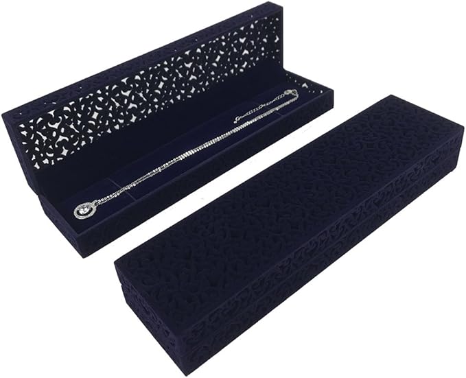 DesignSter Hollow Sapphire Blue Velvet Necklace Box - Long Chain Necklace Storage Case Jewelry Packaging Gift Box