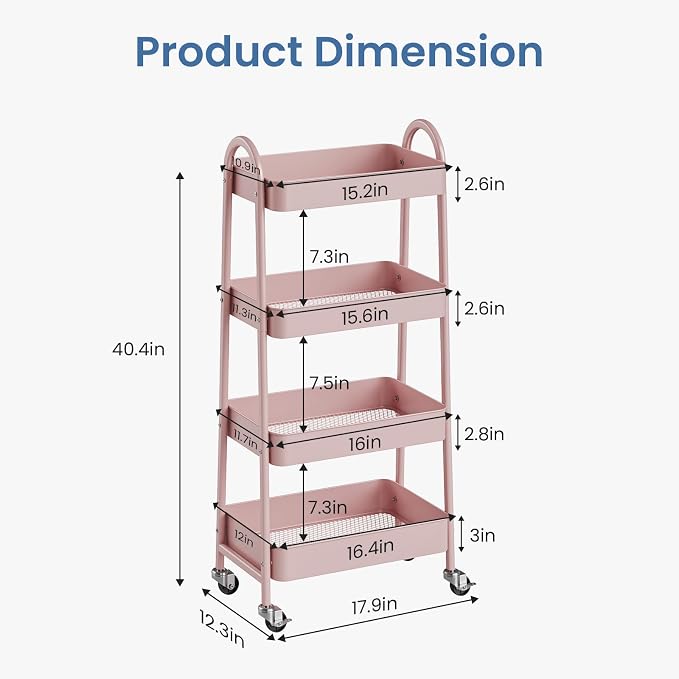 DUMOS 4 Tiers Rolling Utility Cart, Storage Organizer, Shelving Unit | Metal, Lockable Wheels, Mobile, Kitchen, Bathroom, Laundry, Narrow Places, Pink
