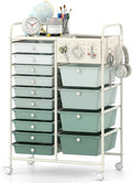 GOFLAME 14-Drawer Rolling Storage Cart with Pegboard, Craft Storage Cart with Lockable Wheels and Metal Frame, Art Cart Supply Storage Organizer for Home Office Classroom, Green Gradient