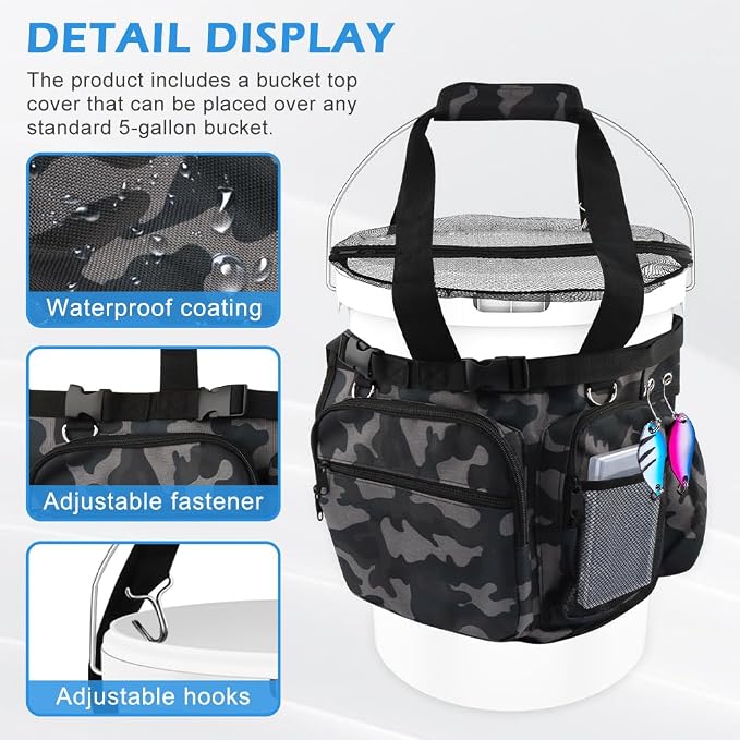 Fishing Bucket Organizer for 5 Gallon Bucket,Outdoor Ice-Fishing Tackle Bag with Bait Buckets Cover,Adjustable Buckle,Multi-Pockets for Fishing Gear & Accessories Storage