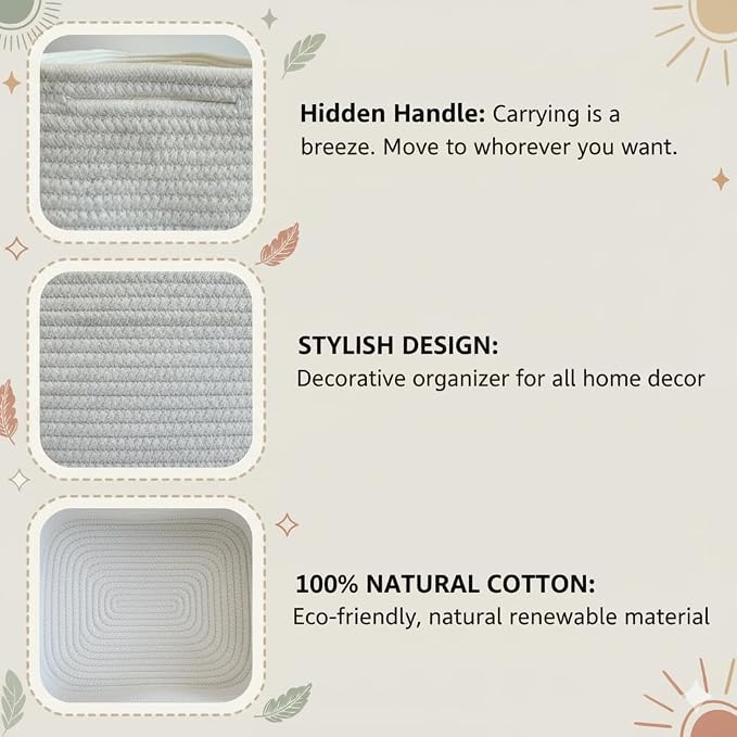 Large Shallow Basket, 15"x11"x5.1", Baskets for Organizing 2 Pack | White Shallow Storage Basket for Organizing, Shelves, Living Room, Nursery, Bathroom, Cotton Rope Basket Organizer