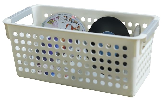 Basicwise Rectangular Plastic Storage Basket with Easy-Grip Handles Ventilated Organizer Bin for Bathroom Pantry Closet Laundry Kitchen Shelves Countertops and Home Organization Essentials, White
