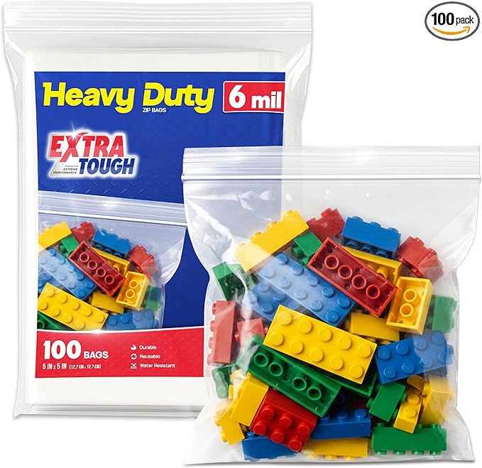 Heavy Duty Zip Seal Lock Sandwich Storage Bags, Resealable Plastic Bag, 6 Mil Thick Zip Top Baggies for Cookies, Food, Candy, 5x5 Inch, Pack 100