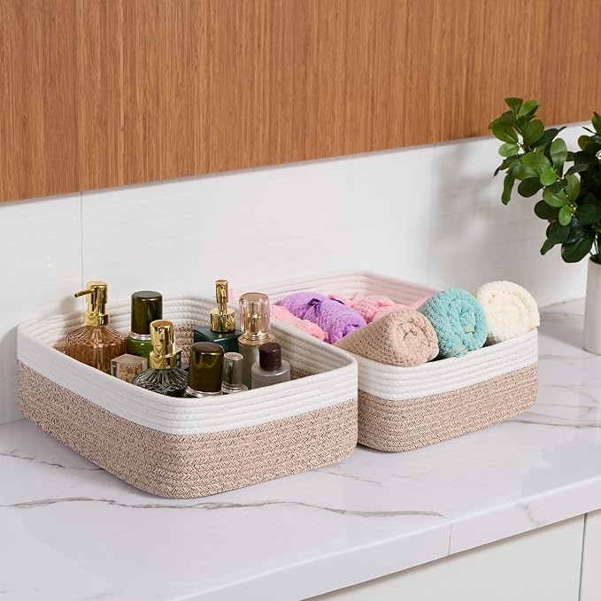 MiniArk Large Shallow Organizing Baskets 15x11x5.1 Inches - Rope Woven Storage Bins for Bathroom, Shelves, Cube Closet, White Mixed Brown 3 Packs