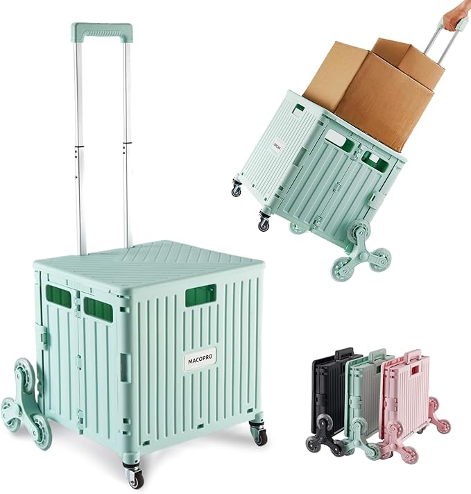 MACOPRO Foldable Utility Cart with Stair Climbing Wheels, Collapsible Rolling Crate with Telescoping Handle, Shopping Trolle Handcart Grocery Book File Tool Art Supplies Teacher Storage Basket(Green)