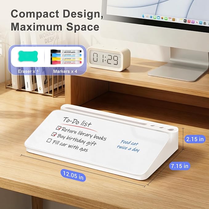 Small Desktop Glass Whiteboard with Storage, Desk Dry Erase White Board | Computer Keyboard Stand, Office Desk Organizers and Accessories with Drawer, To Do Memo Notepad, Home School Supplies