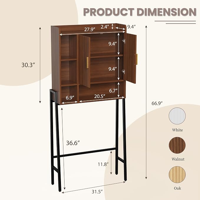 31" W Over The Toilet Storage Cabinet with Fluted Door,Bathroom Organizers and Storage with Adjustable Shelves, Mordern Over Toilet Organizer for Bathroom,Restroom,Laundry,Walnut