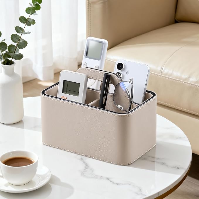 PU Leather Remote Control Holder, Desk Caddy Organizer with Handle Beige | 3 Compartments Portable Remote Organizer, Remote Caddy Bedside Holder for Office Storage Supply Organizer