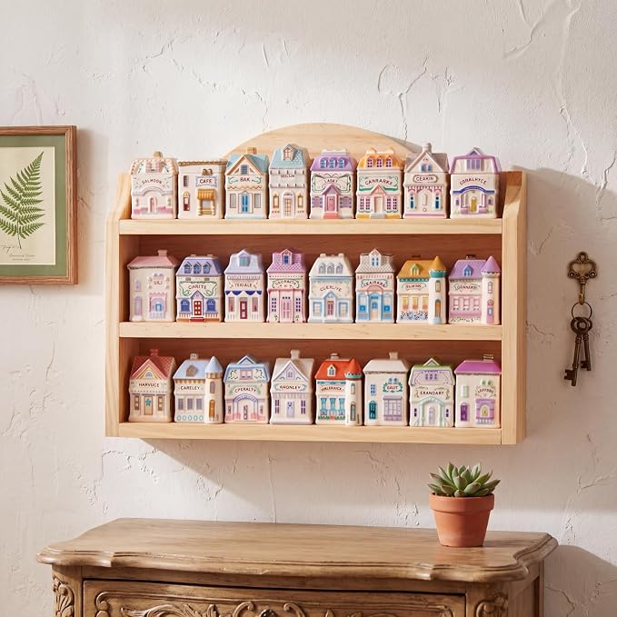 Chunful Vintage Spice Jar Wooden Rack Beige Natural 3-tier Spice Shelf for 24 Jars, Village Style Wall Mounting Kitchen Storage Decorative Hanging Display Rack, Shelf Only