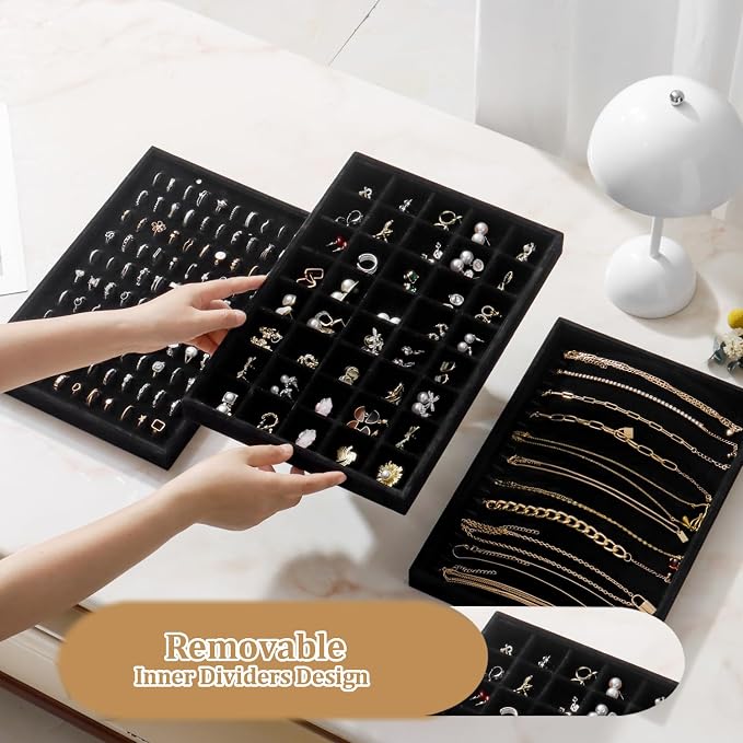 Large Jewelry Organizer for Drawer Insert Velvet Stackable Jewelry Trays for Earring Necklace Bracelet Ring Display (Black, 40 Grids)