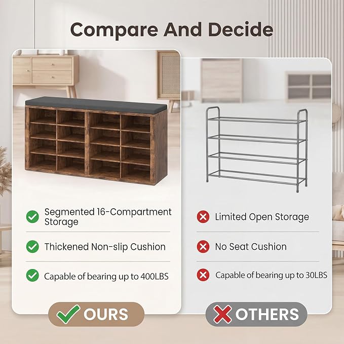 Shoe Rack Bench, Shoe Storage Bench with Cushion, Shoe Organizer 16 Cubbies for Entryway Hallway Bedroom Living Room, Holds Up to 400lbs